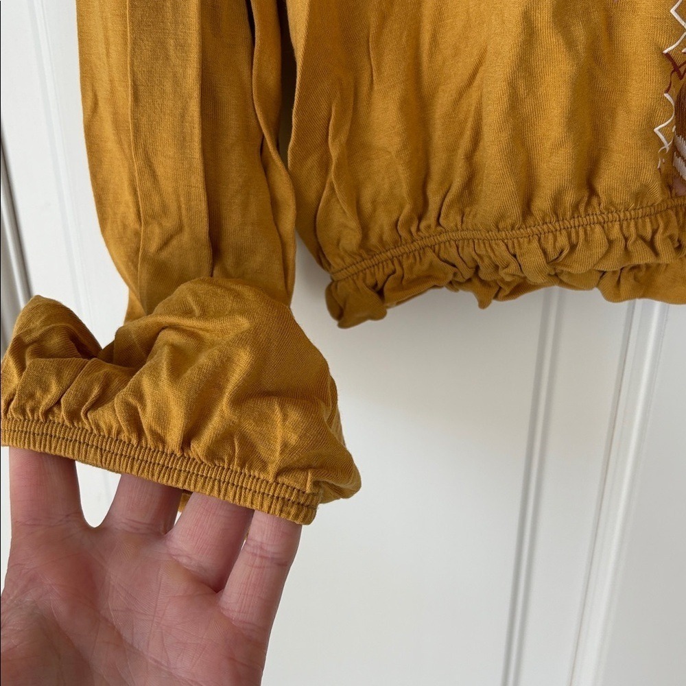 Youth in Revolt Top Large Mustard Yellow Floral Embroidered Boho V-Neck Blouse - Picture 4 of 5